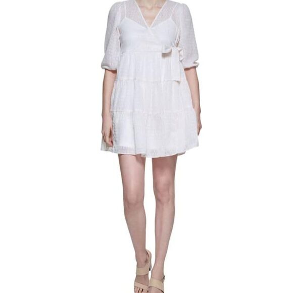 Calvin Klein Dresses & Skirts - Calvin Klein Sheer Metallic Faux Wrap Baby Doll Dress  size 6  EUC